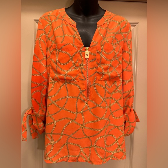 MICHAEL KORS ZINNIA Orange Gold Chain Print Blouse size M - Picture 2 of 12